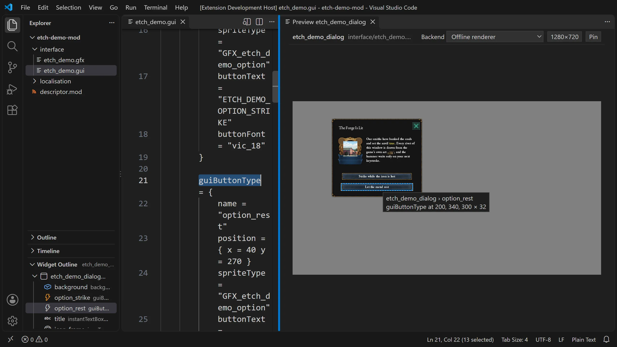 VS Code with the Widget Outline in the sidebar, a widget selected in the editor, and a dashed hover box with a tooltip in Etch's preview.