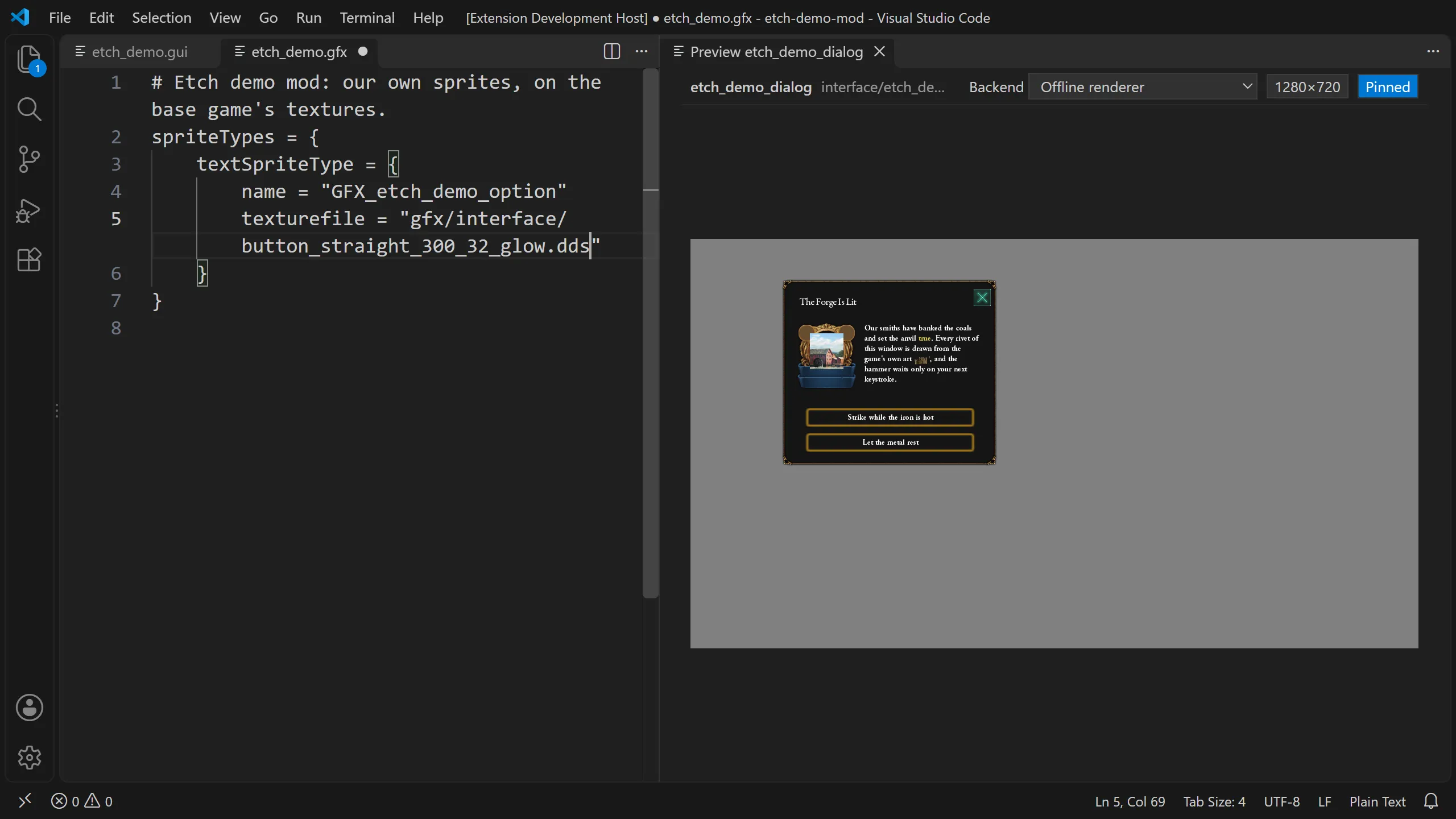 VS Code with etch_demo.gfx open and Pin pressed in Etch's preview toolbar; the dialog's button shows a different sprite.