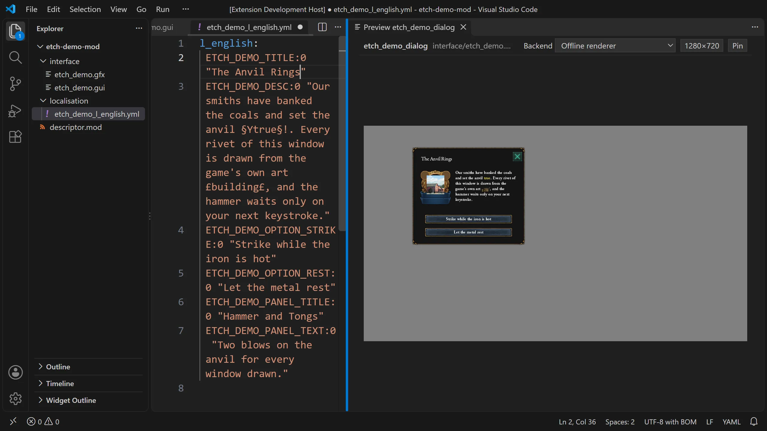 VS Code's Explorer showing a mod of .gui, .gfx, .yml and descriptor files, an unsaved localisation edit, and the retitled dialog in the preview.