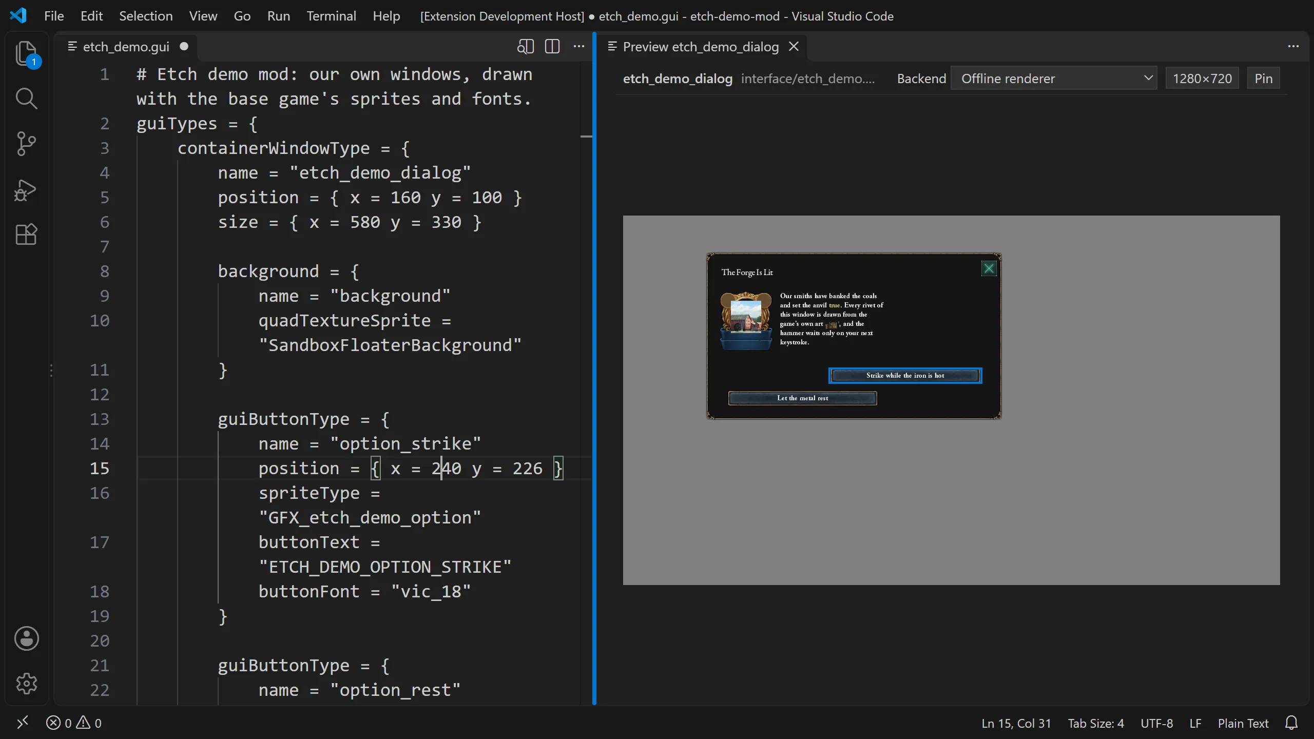 VS Code with an unsaved etch_demo.gui on the left and Etch's preview on the right: a widened game dialog with one button outlined.