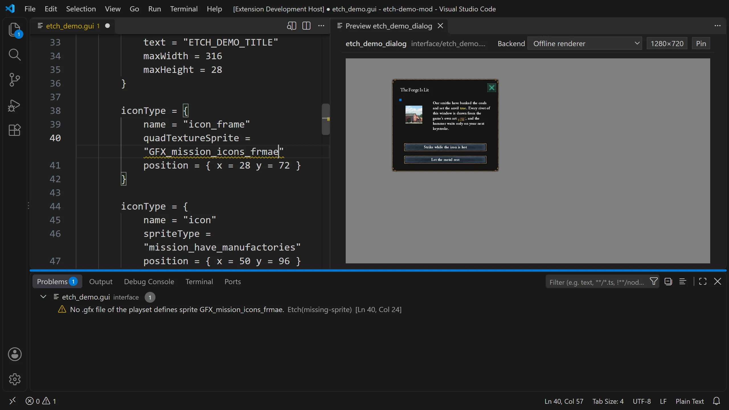 VS Code with a squiggle under a sprite name, one Etch warning in the Problems panel, and the dialog drawn without that widget.
