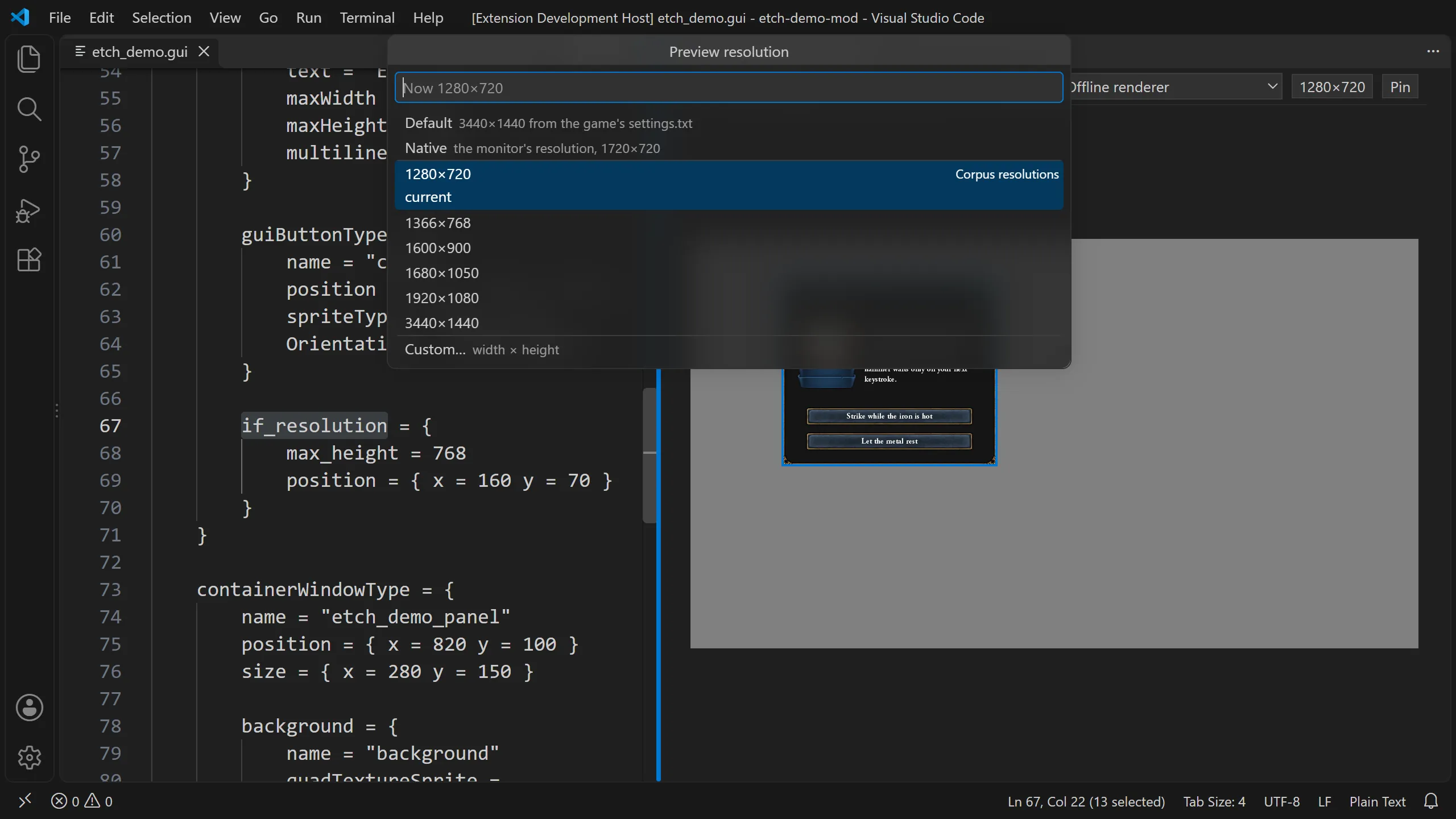 VS Code with Etch's resolution picker open over an if_resolution block, listing default, native and the corpus resolutions.